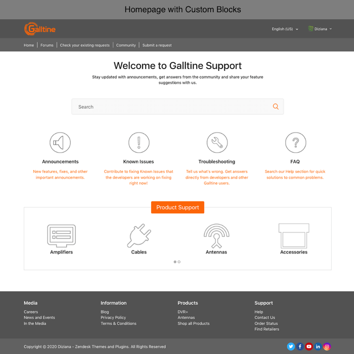 Diziana Galltine Theme Homepage with Custom Blocks